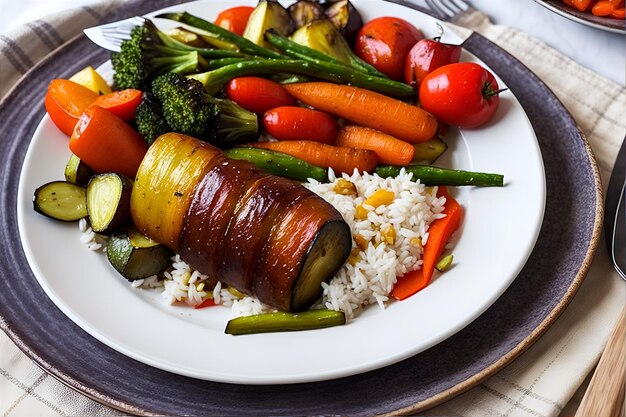 Un piatto di verdure arrostite con riso bianco