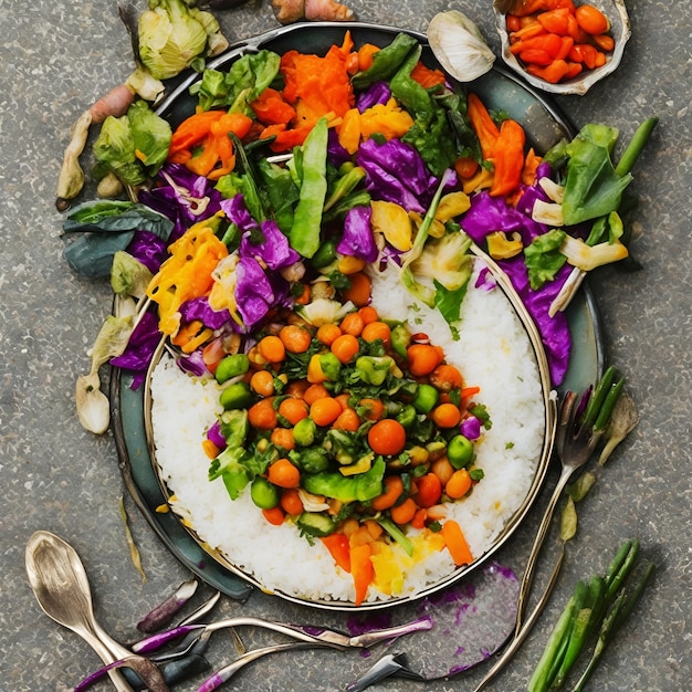Un piatto di verdure e una ciotola di riso con sopra un colorato piatto di verdure.