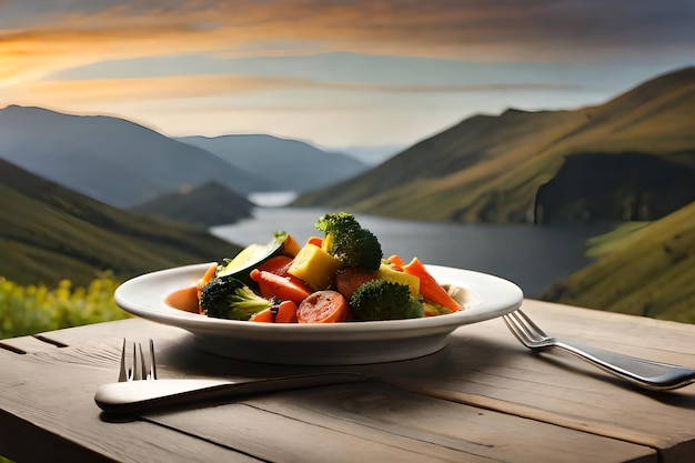 Un piatto di verdure si trova su un tavolo con le montagne sullo sfondo.