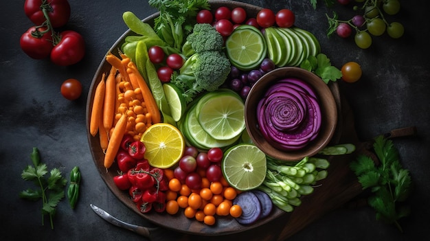 Un piatto di verdure tra cui carote, broccoli, carote e altre verdure.