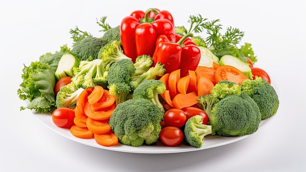 Un piatto di verdure varie tra cui carote broccoli e paprika