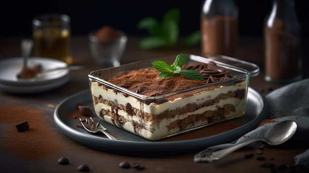 Un piatto di vetro di tiramisù con gocce di cioccolato sopra.