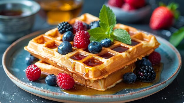 Un piatto di waffle belga con sciroppo d'acero e bacche sopra