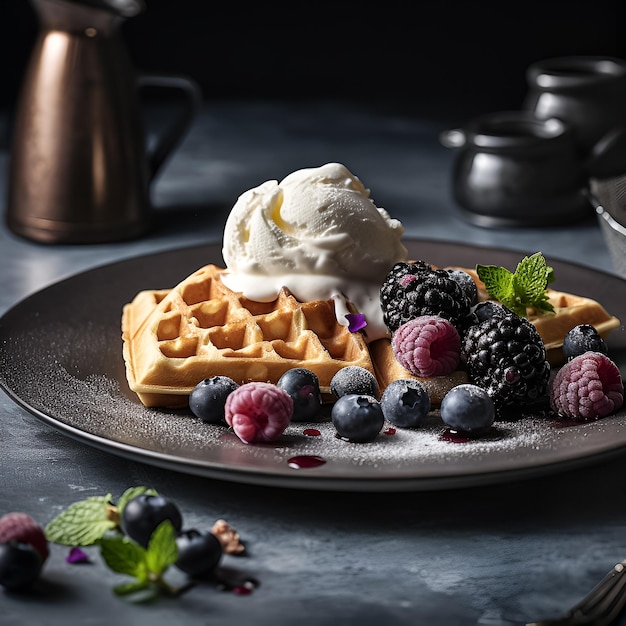 Un piatto di waffle con sopra gelato e frutti di bosco.