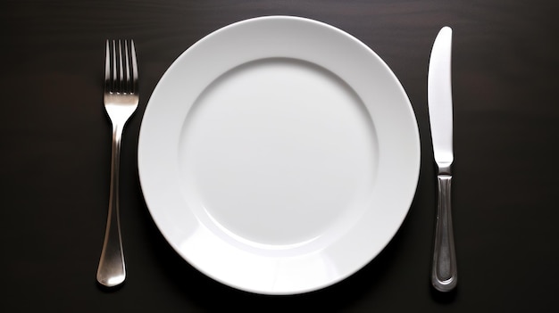 Un piatto e un coltello sono su un tavolo con un coltello e una forchetta.