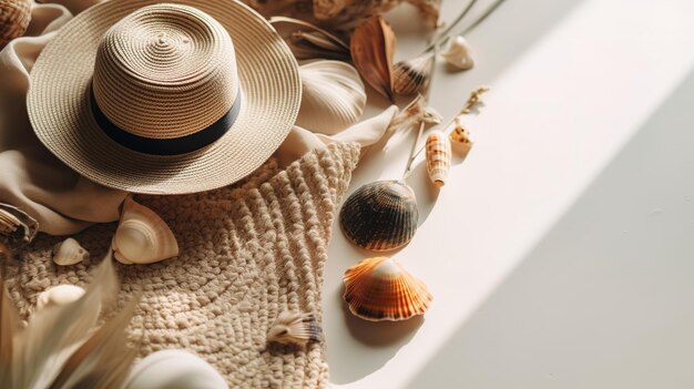 Un piatto estivo di conchiglie e un cappello sulla spiaggia IA generativa