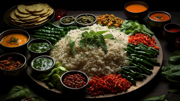 Un piatto in stile indiano che include riso dosa e condimenti Illustrazione alimentare