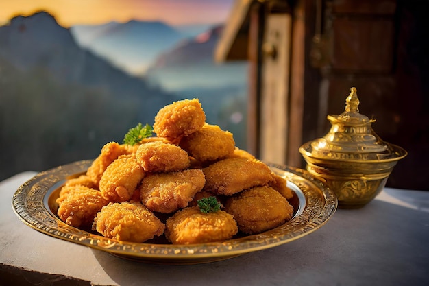 Un piatto marrone dorato traboccante di nuggets di pollo croccanti perfetti per immergere e affilare