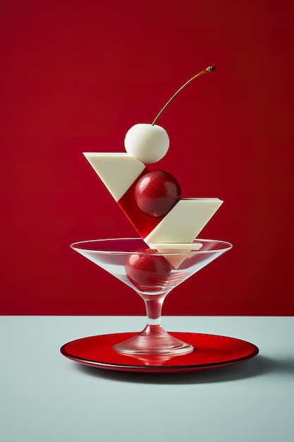 Un piatto rosso sormontato da due bicchieri da martini pieni di ciliegie generative ai immagine