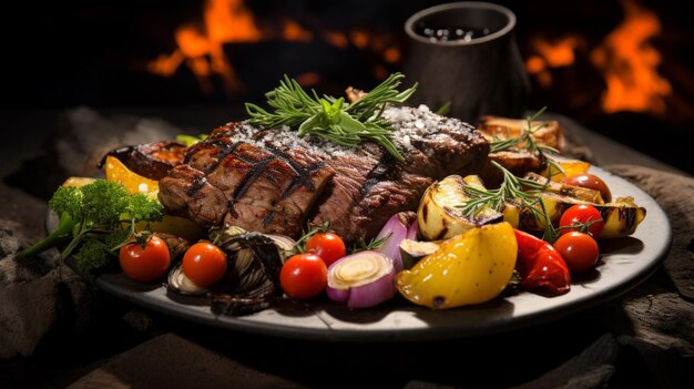 un piatto rustico di carne e verdure alla griglia pronto da mangiare