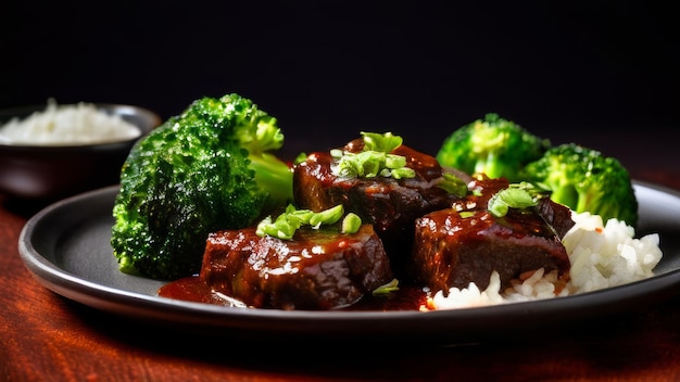 Un piatto sano su un piatto di broccoli verde e manzo in salsa con un contorno di riso bianco