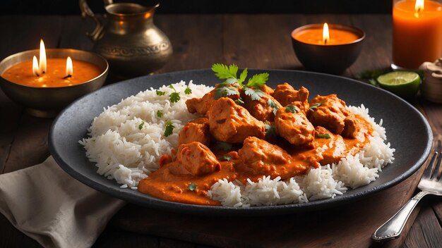 Un piatto splendidamente presentato di pollo Tikka Masala la vibrante tonalità arancione della salsa contrasta