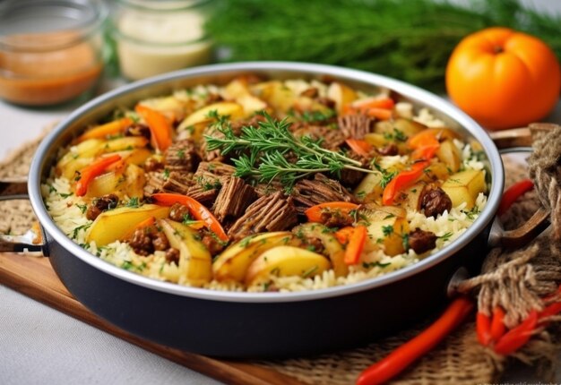 Un piatto uzbeko chiamato riso pilaf con carne, carote, cipolle, uova e kazy in un piatto di intelligenza artificiale generativa