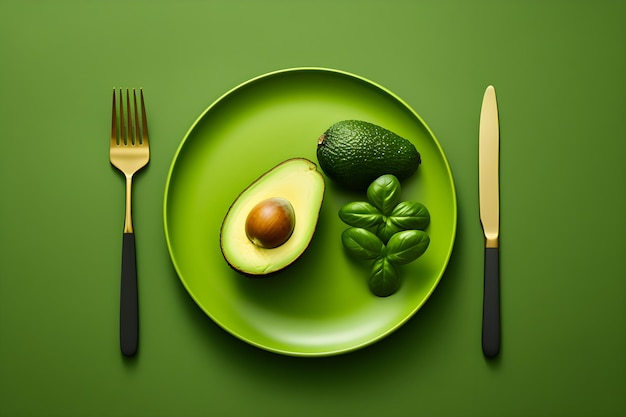 Un piatto verde con avocado un coltello e una forchetta accanto