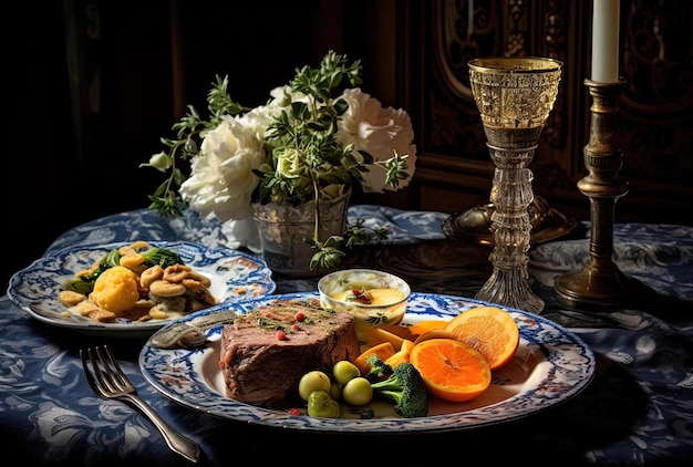 un piatto viene servito con carne e verdure nello stile del romanticismo tedesco