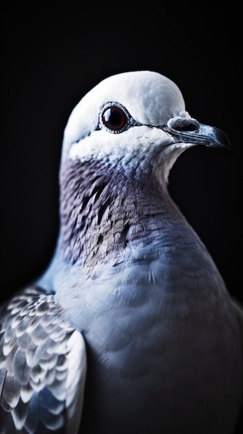 Un piccione bianco con uno sfondo nero e uno sfondo nero.