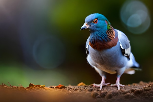 Un piccione blu e bianco si trova a terra.