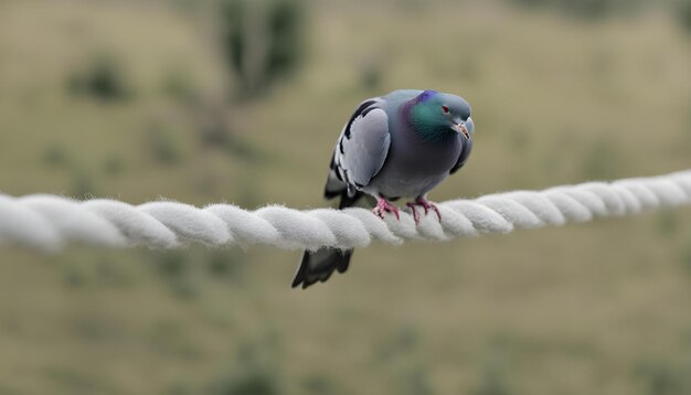 un piccione seduto su una corda con uno sfondo sfocato