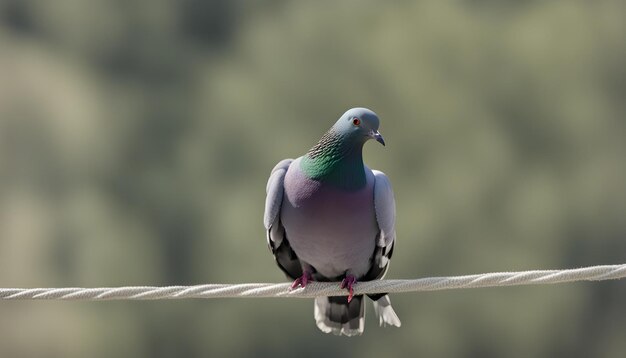 un piccione si siede su un filo con uno sfondo sfocato