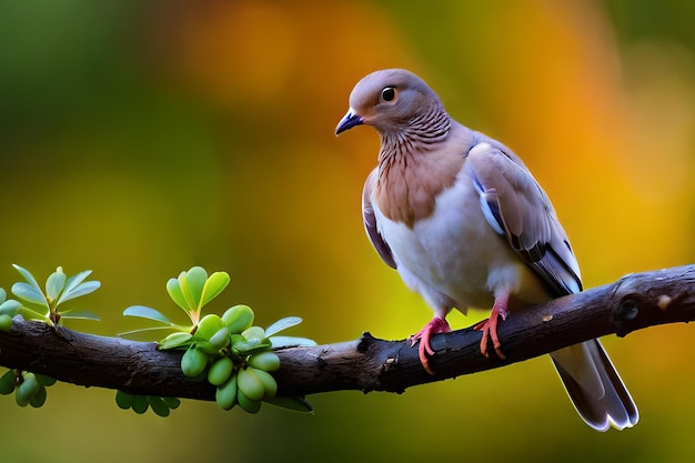 Un piccione si siede su un ramo con uno sfondo sfocato.