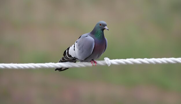 un piccione si siede su una corda con uno sfondo verde