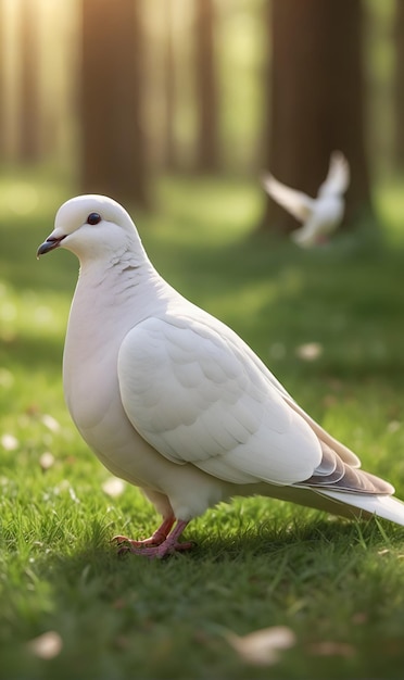 Un piccione solitario di colore bianco passeggia attraverso un prato della foresta