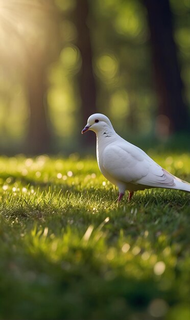 Un piccione solitario di colore bianco passeggia attraverso un prato della foresta