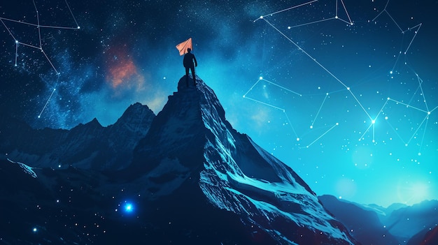 Un picco digitale con una bandiera e un abile uomo d'affari al vertice che rappresenta il successo e le aspirazioni Tecnologia sullo sfondo con montagne e stelle