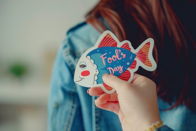 Un piccolo adesivo di pesce di carta è sulla spalla posteriore con il testo di April Fools April Fools Day concept