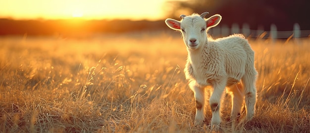 un piccolo agnello in piedi in un campo di erba alta