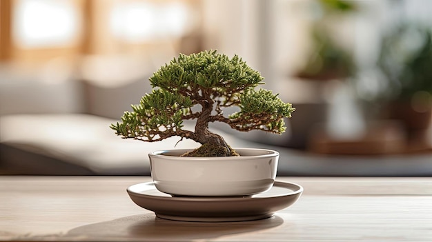 un piccolo albero bonsai che è in ceramica bianca nello stile di beige scuro e verde