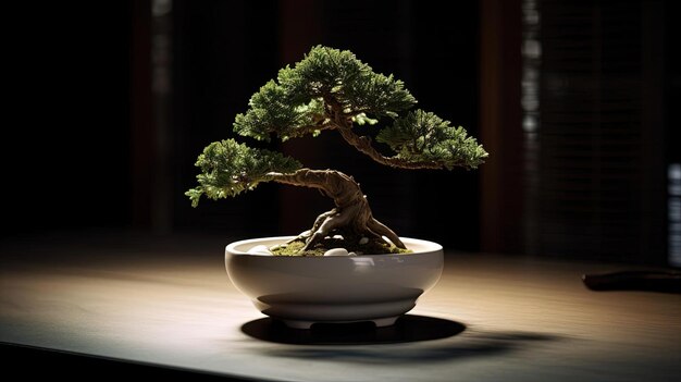 un piccolo albero bonsai che è in ceramica bianca nello stile di beige scuro e verde