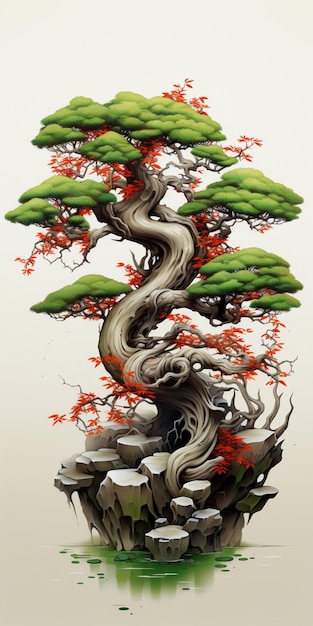 un piccolo albero bonsai illustrazione arte su sfondo bianco