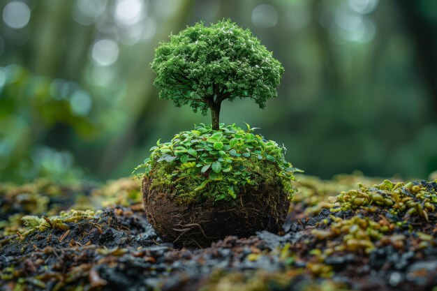 un piccolo albero con il muschio su di esso sta crescendo su un tronco di albero