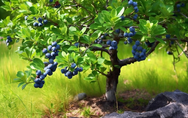 Un piccolo albero con sopra dei mirtilli