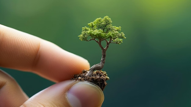 Un piccolo albero seduto sulla punta del dito macro scatto miniaturico fenomeni naturali