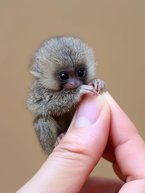 un piccolo anatro marmosetto poggia sulla punta del dito di una persona