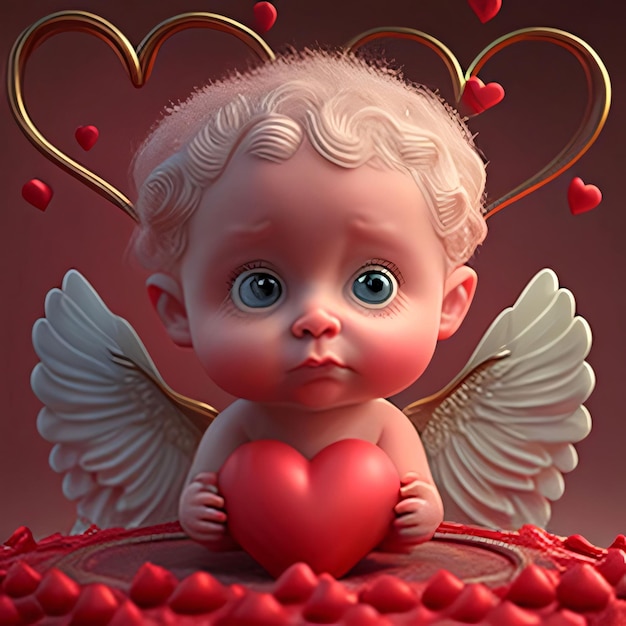 Un piccolo angelo con le ali che tiene un cuore in mano dietro la testa due cuori d'oro cuore come simbolo di affetto e amore