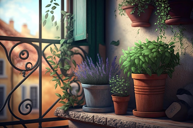 Un piccolo balcone con erbe in vaso