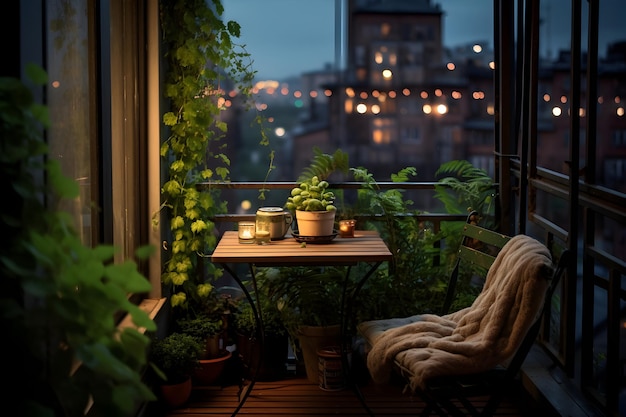 un piccolo balcone molto carino con alcune incredibili piante verdi la pioggia sta arrivando lentamente la sera