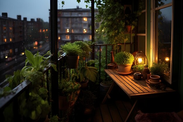 un piccolo balcone molto carino con alcune incredibili piante verdi la pioggia sta arrivando lentamente la sera