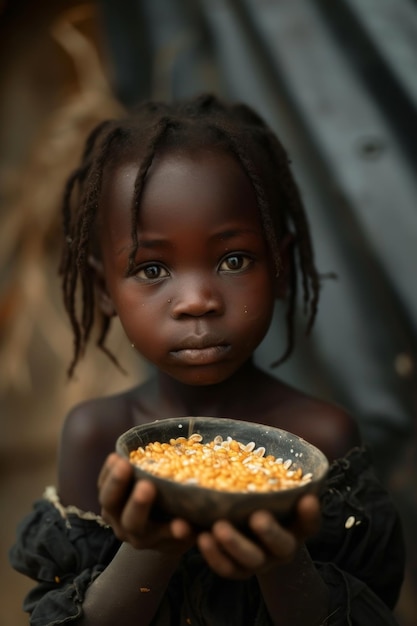 Un piccolo bambino africano affamato con un piatto di cibo in Africa