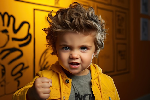 un piccolo bambino alla moda alla moda tatuato in una canottiera gialla brillante con uno sguardo serio