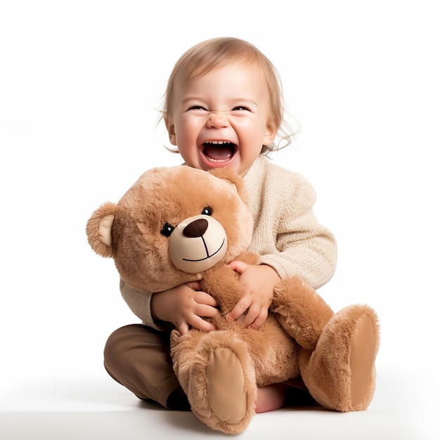 un piccolo bambino carino che abbraccia un orsacchiotto di peluche sullo sfondo bianco