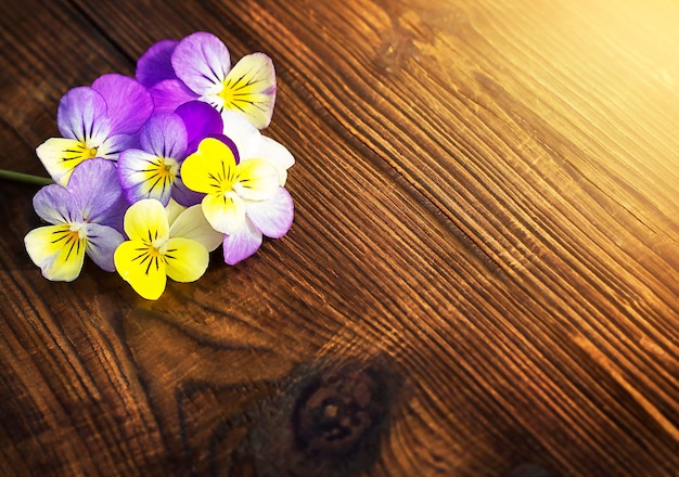 un piccolo bouquet di violette su fondo di legno