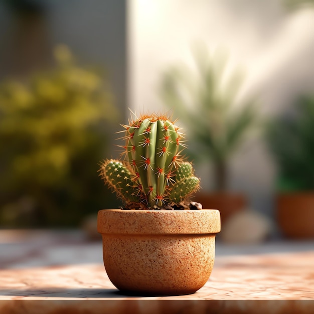 Un piccolo cactus con aghi arancioni in una pentola su un tavolo