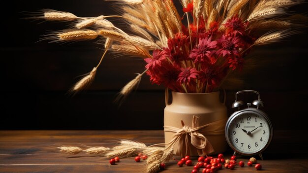 un piccolo calendario da tavolo con un bouquet floreale con fiori secchi e spighe di grano