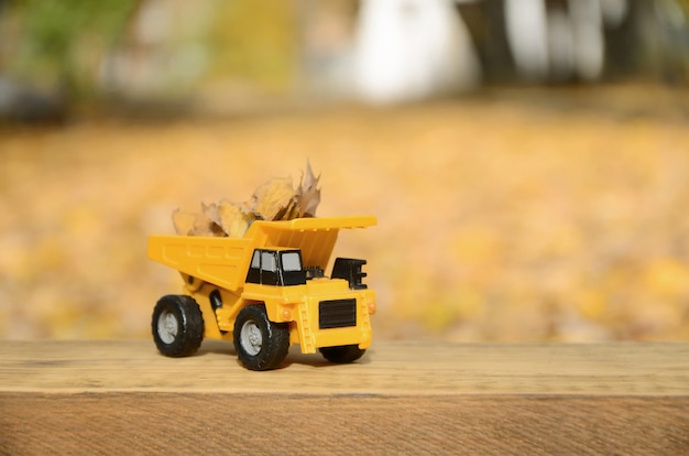 Un piccolo camion giallo giocattolo è carico di foglie cadute gialle.