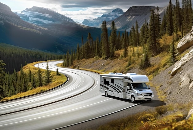 un piccolo camper che percorre una tortuosa strada di montagna