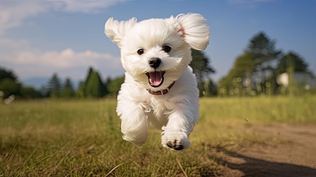 un piccolo cane bianco che corre in un campo con le orecchie alzate.